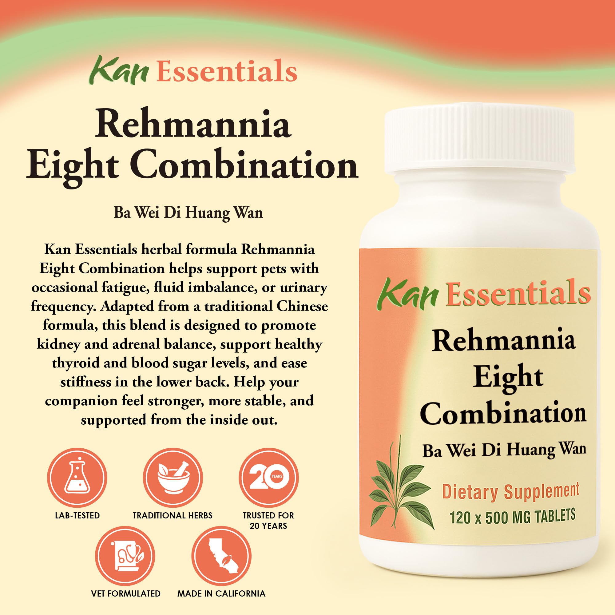 Close-up of Kan Herb Rehmannia Eight label highlighting herbal blend for pets.