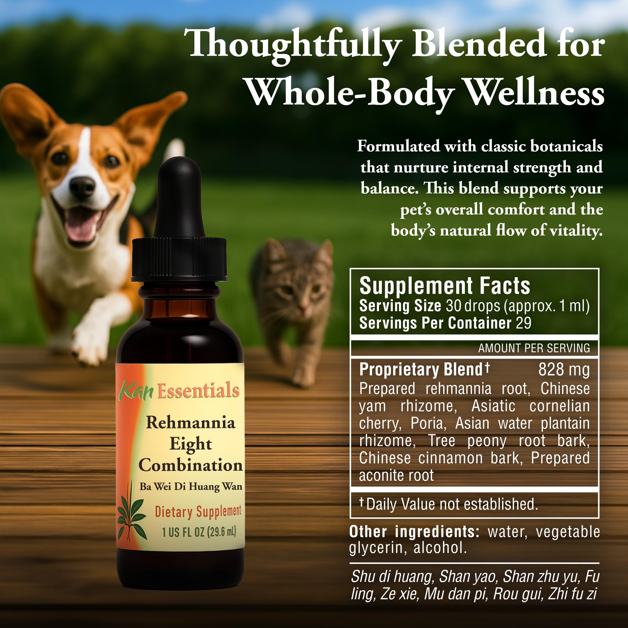 Kan Herb Rehmannia Eight label close-up indicating pet wellness focus