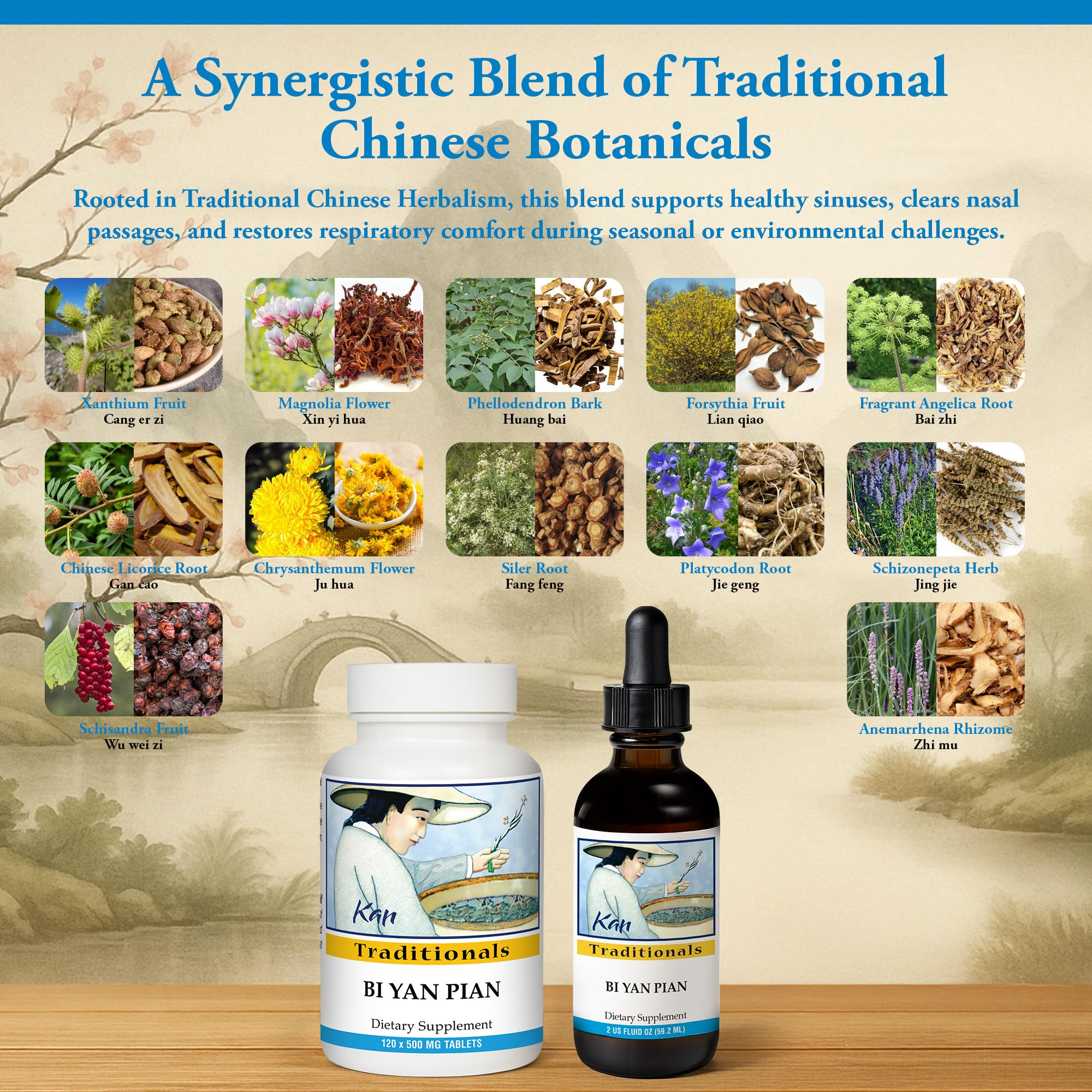 Kan Herbs Bi Yan Pian packaging box featuring traditional blend for seasonal relief.
