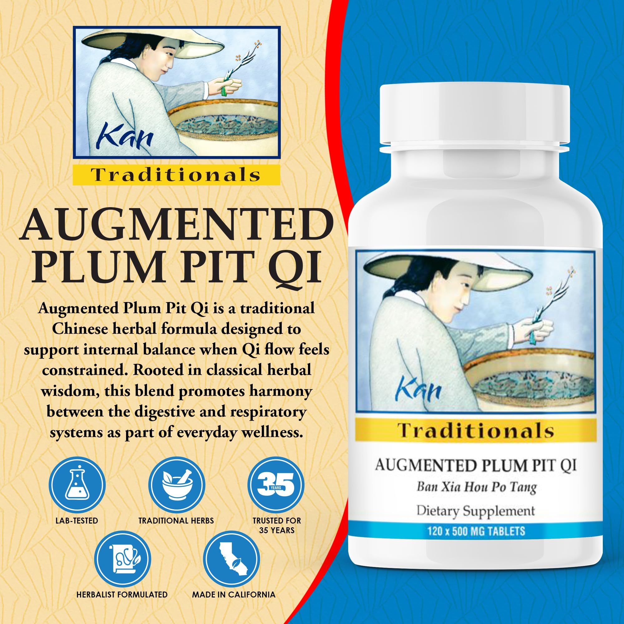 Kan Herbs Plum Pit Qi tablet in hand for daily balance