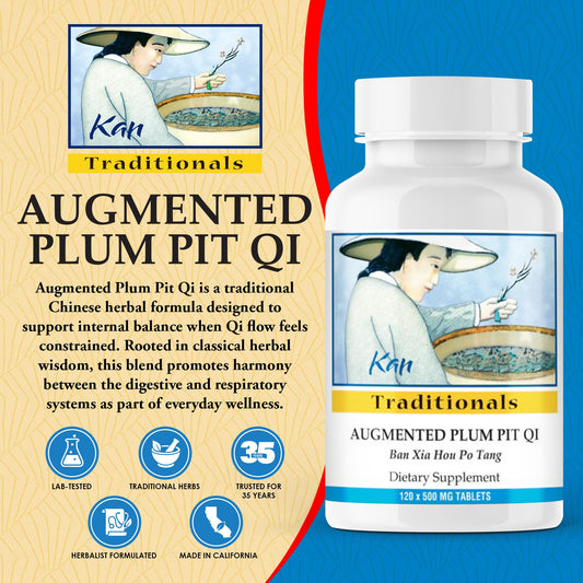 Kan Herbs Plum Pit Qi tablet in hand for daily balance