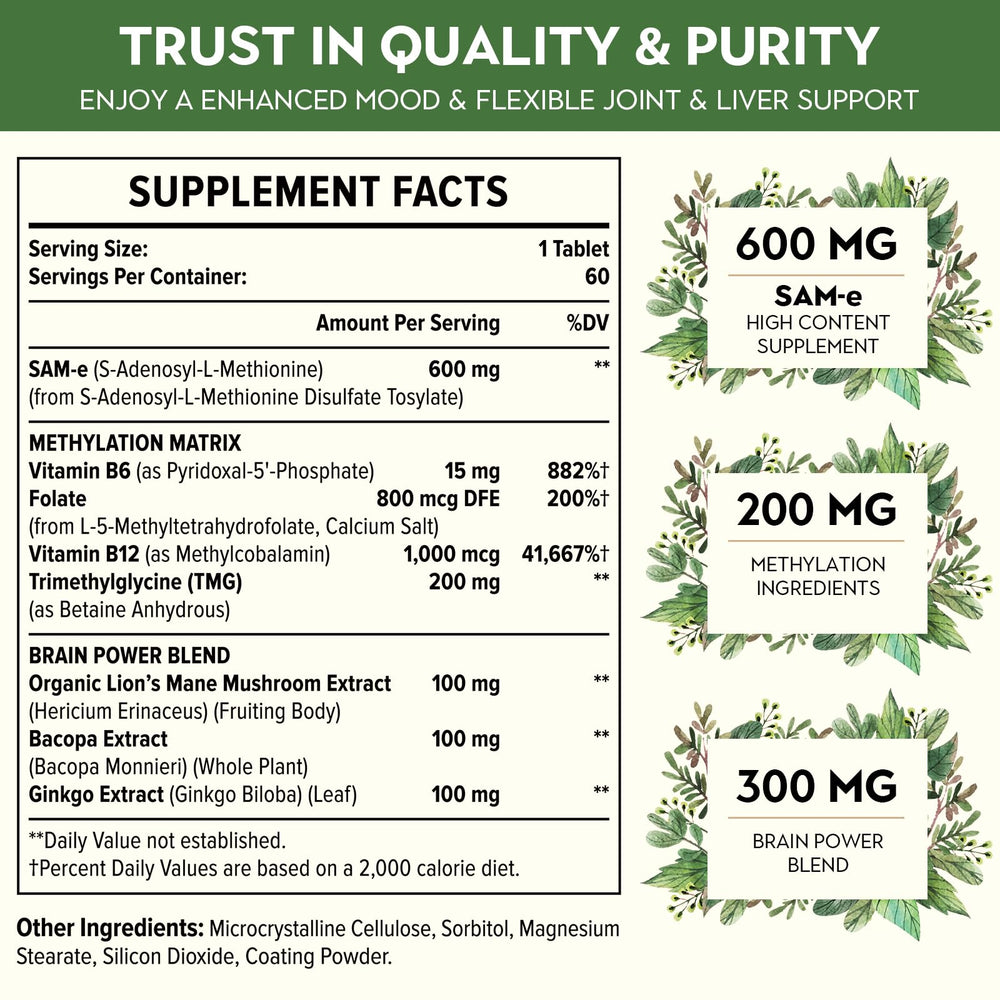Kanacoufce SAM-e 1100mg bottle back shows dosage, vegan and gluten-free attributes.