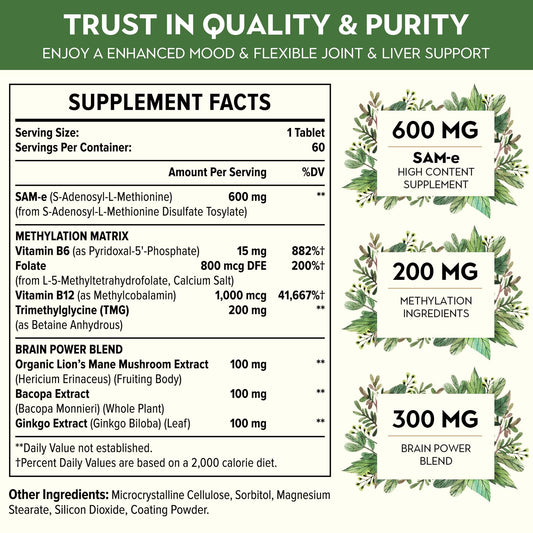 Kanacoufce SAM-e 1100mg bottle back shows dosage, vegan and gluten-free attributes.