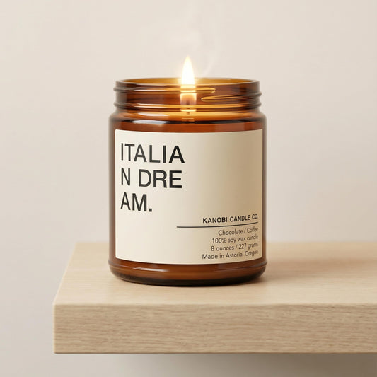 Kanobi Candle Co. chocolate-coffee soy candle on wood surface for cozy space.