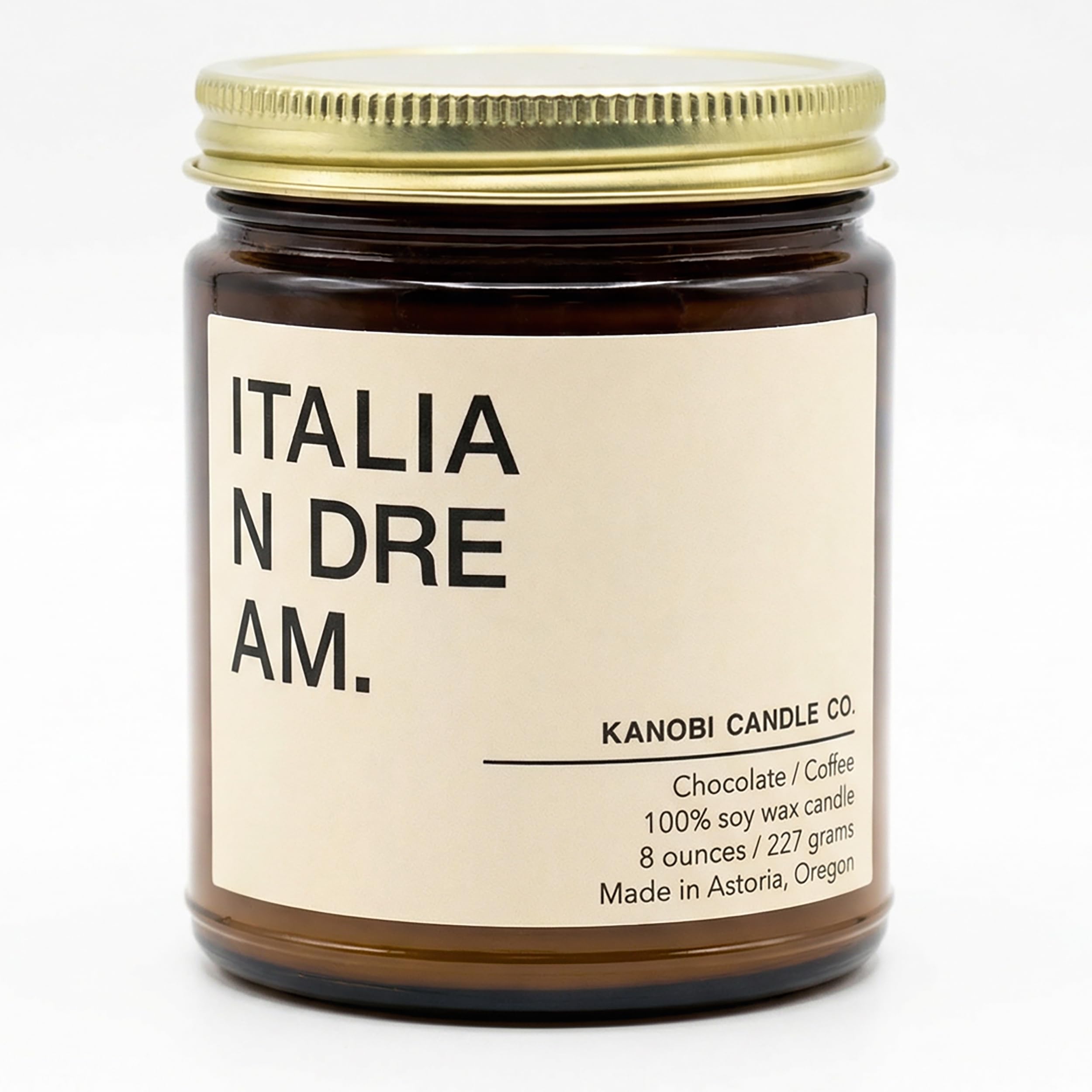 Kanobi Candle Co. chocolate-coffee soy candle label close-up for premium ambiance.
