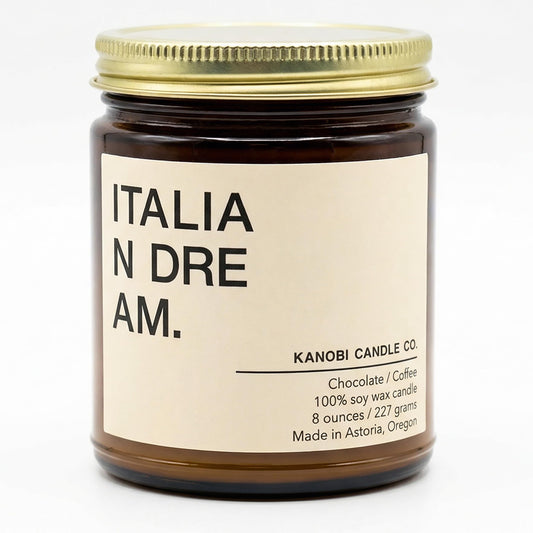 Kanobi Candle Co. chocolate-coffee soy candle label close-up for premium ambiance.