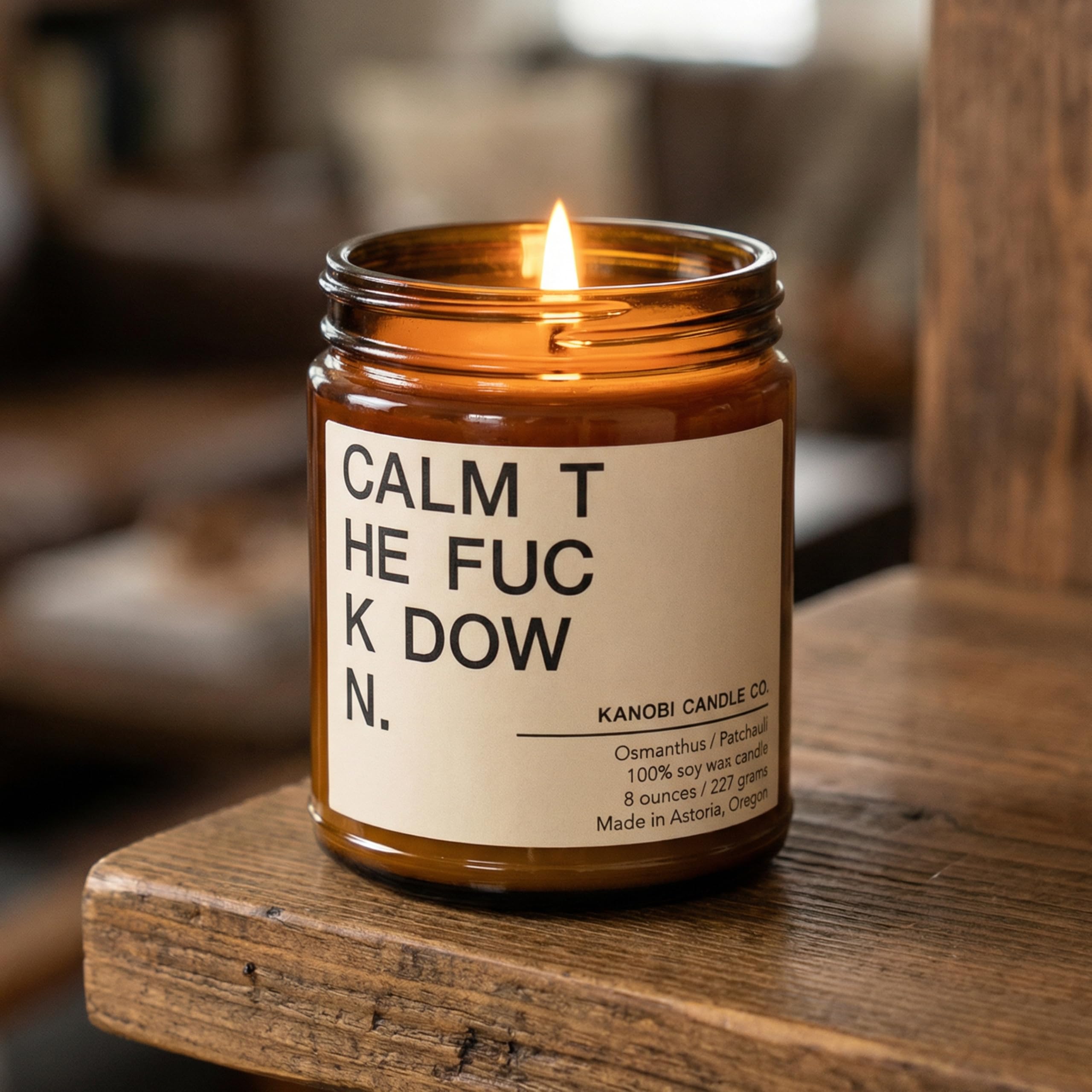 Kanobi Candle Co. Patchouli Osmanthus label emphasizes USA-made craftsmanship