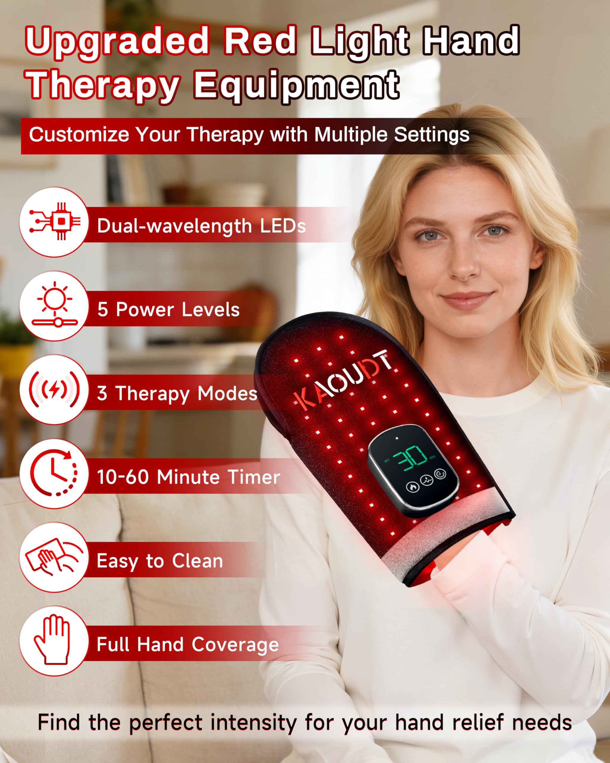Kaoudt red light glove with full hand coverage for targeted relief