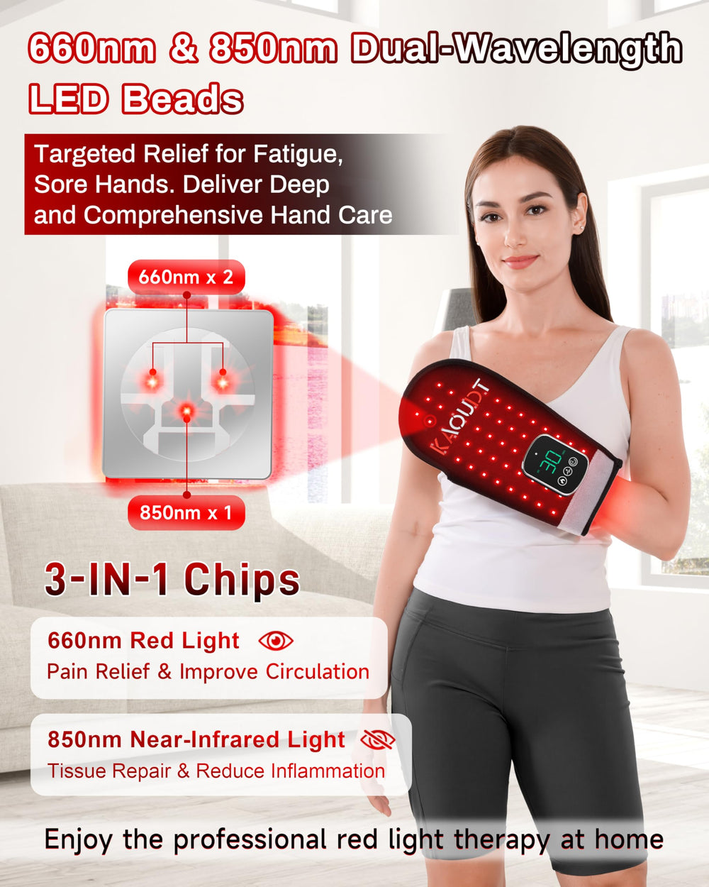 Kaoudt cordless red light glove battery pack highlighting rechargeable power