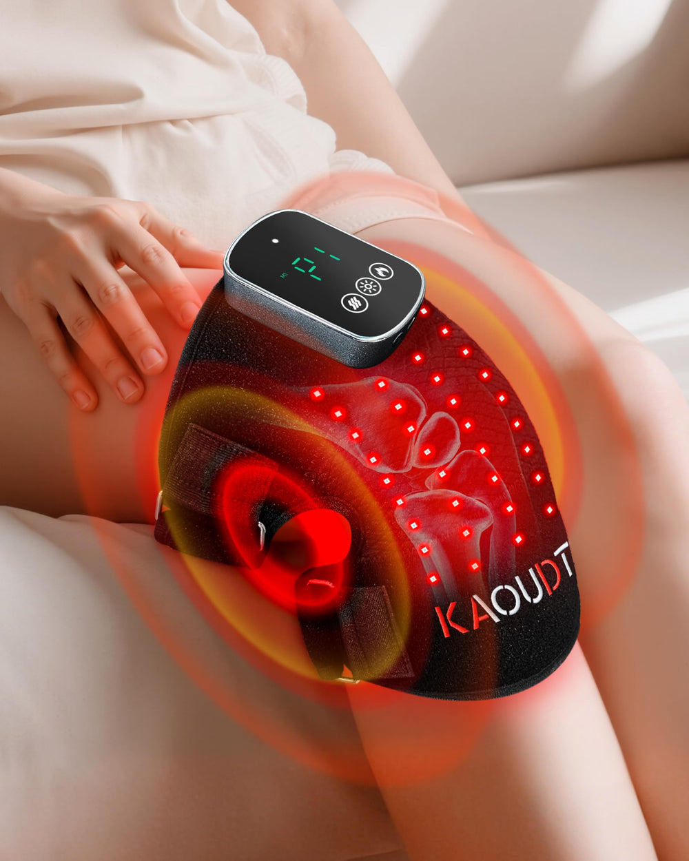 Kaoudt knee massager wearable fit demonstrates ergonomic design for comfortable use.