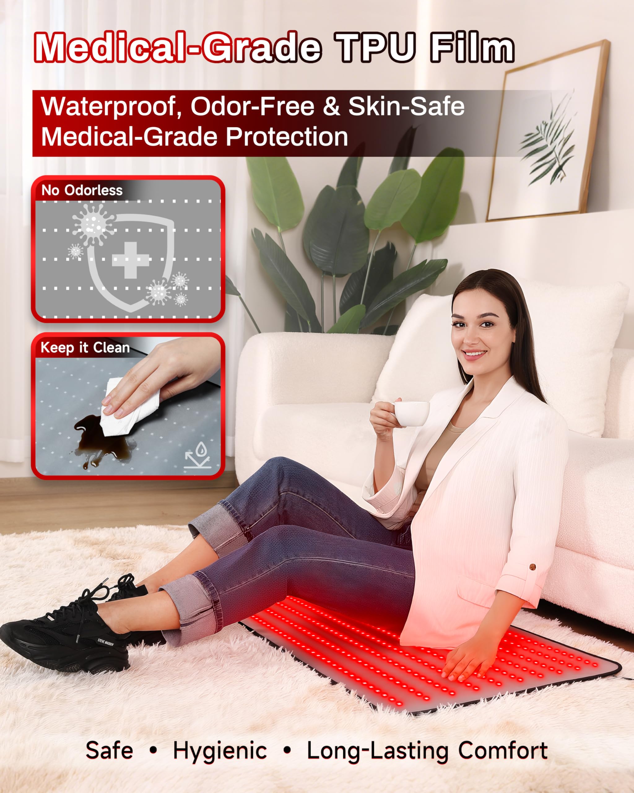 Kaoudt Red Light Mat leg-relief therapy on the couch.
