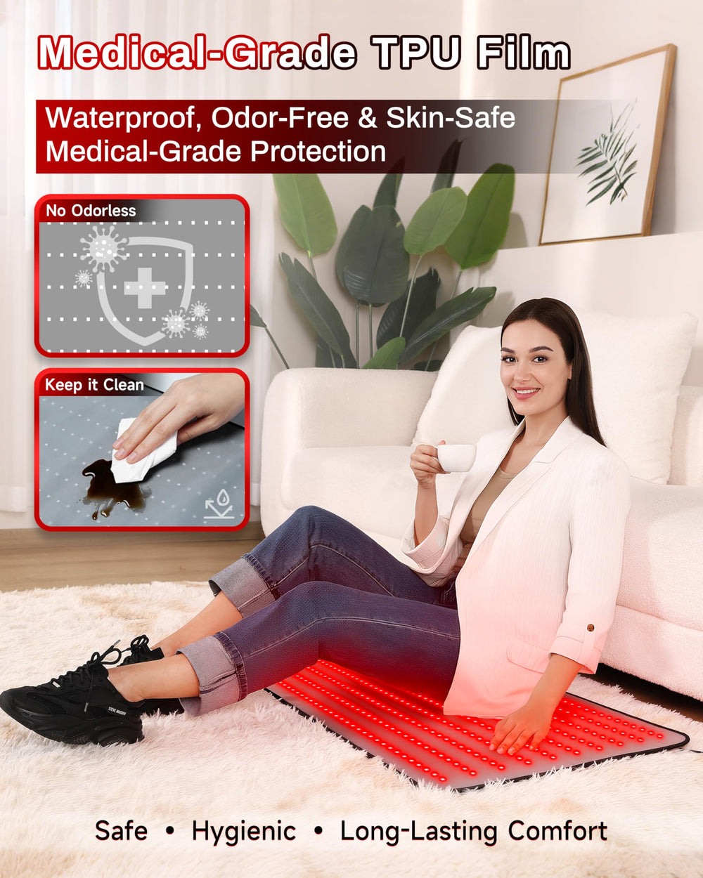 Kaoudt Red Light Mat leg-relief therapy on the couch.