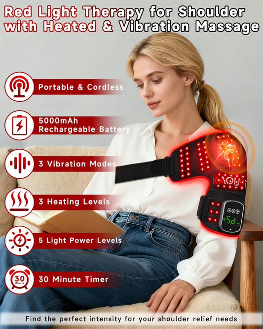 Kaoudt shoulder wrap demonstrates vibration massage in action for comfort.