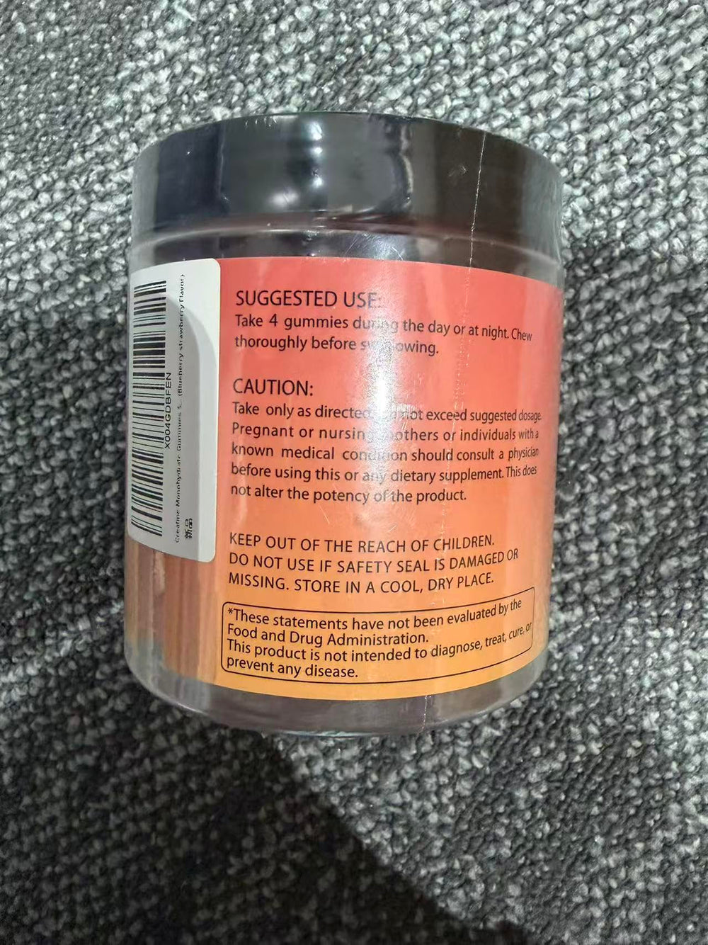 Gummies poured from bottle showing easy three-per-serving use.