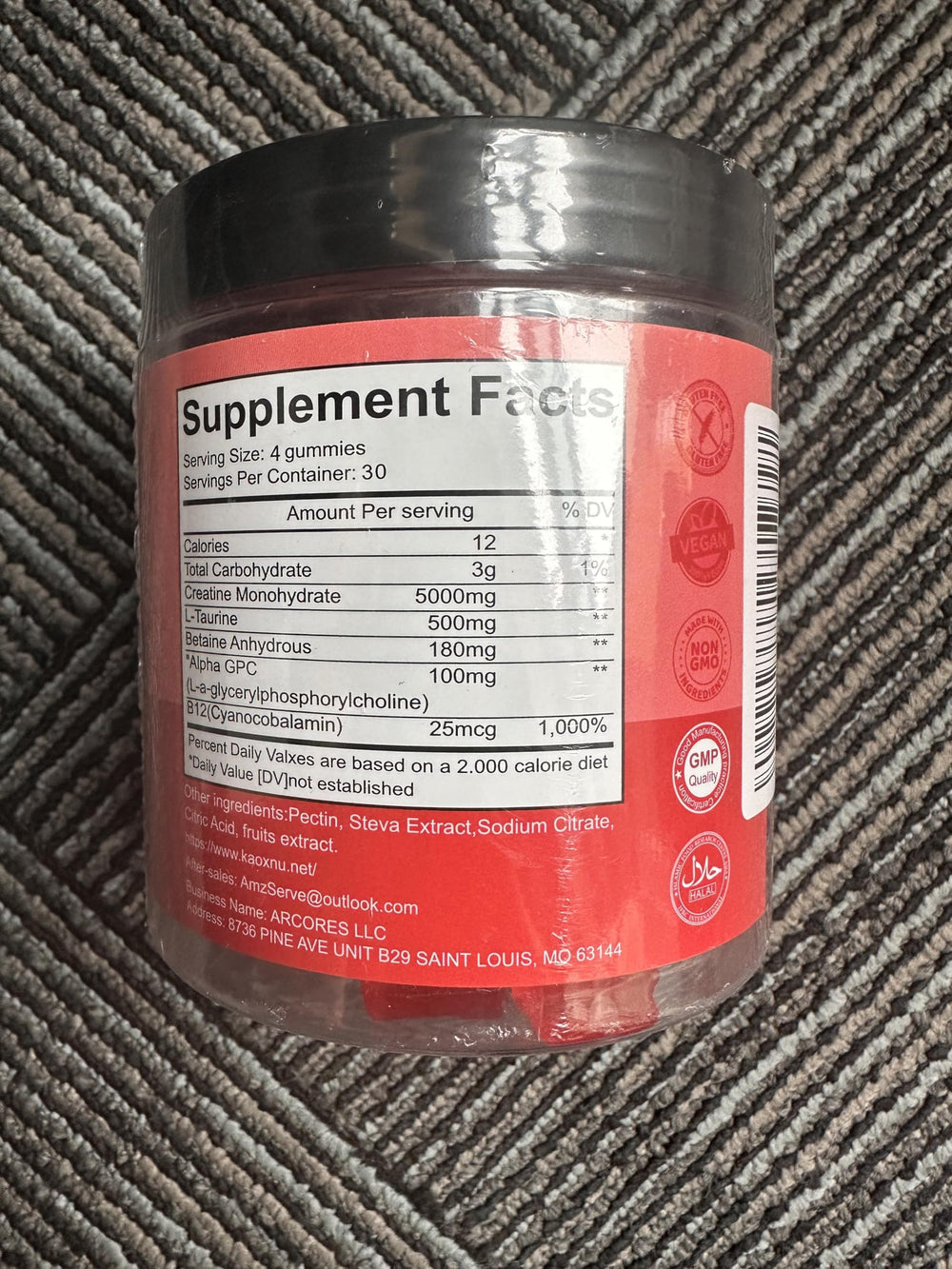 KAOXNU Creatine gummies bottle back label with ingredients