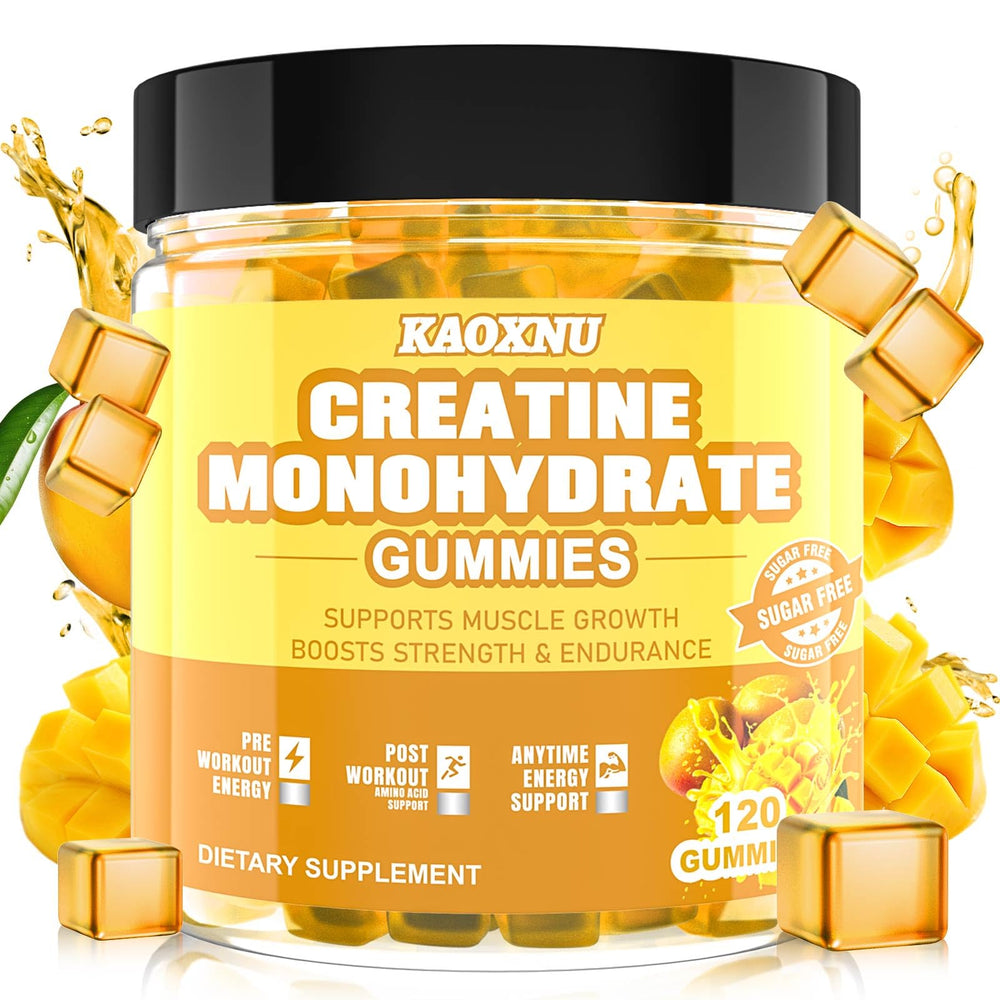 KAOXNU Creatine Monohydrate Gummies bottle display for convenient energy, endurance, and recovery support