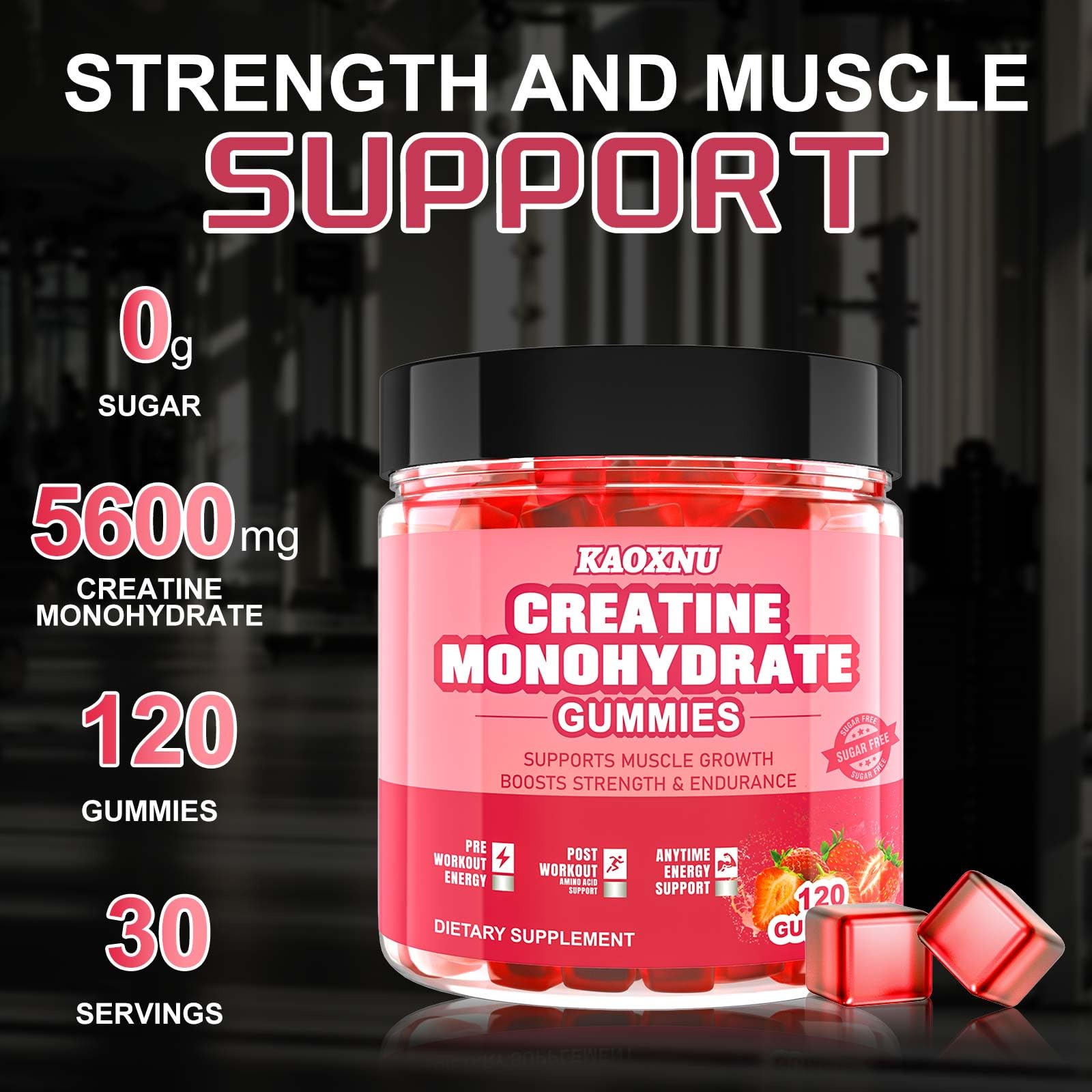 KAOXNU Creatine Monohydrate Gummies on shelf in a gym setting for versatile use