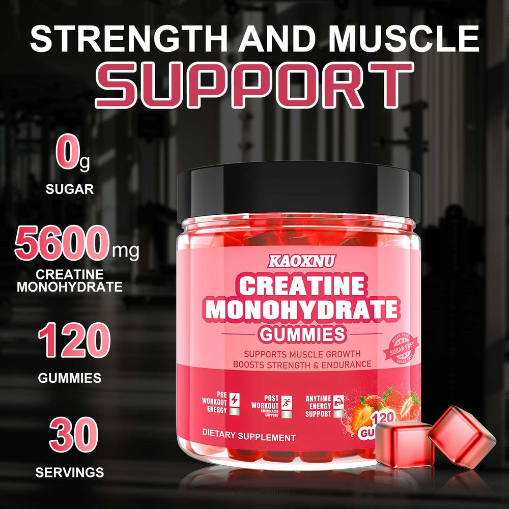 KAOXNU Creatine Monohydrate Gummies on shelf in a gym setting for versatile use