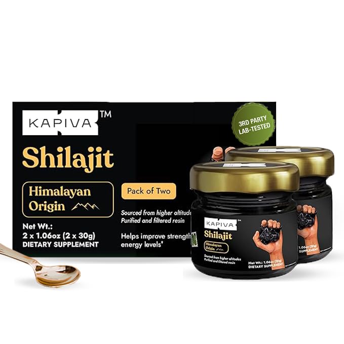 Kapiva Himalayan Shilajit resin jar close-up highlighting mineral-rich texture for daily vitality.