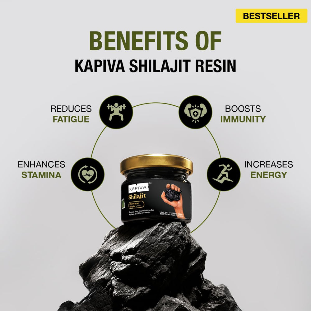 Packaging display for Kapiva Himalayan Shilajit resin emphasizes authenticity and purity.