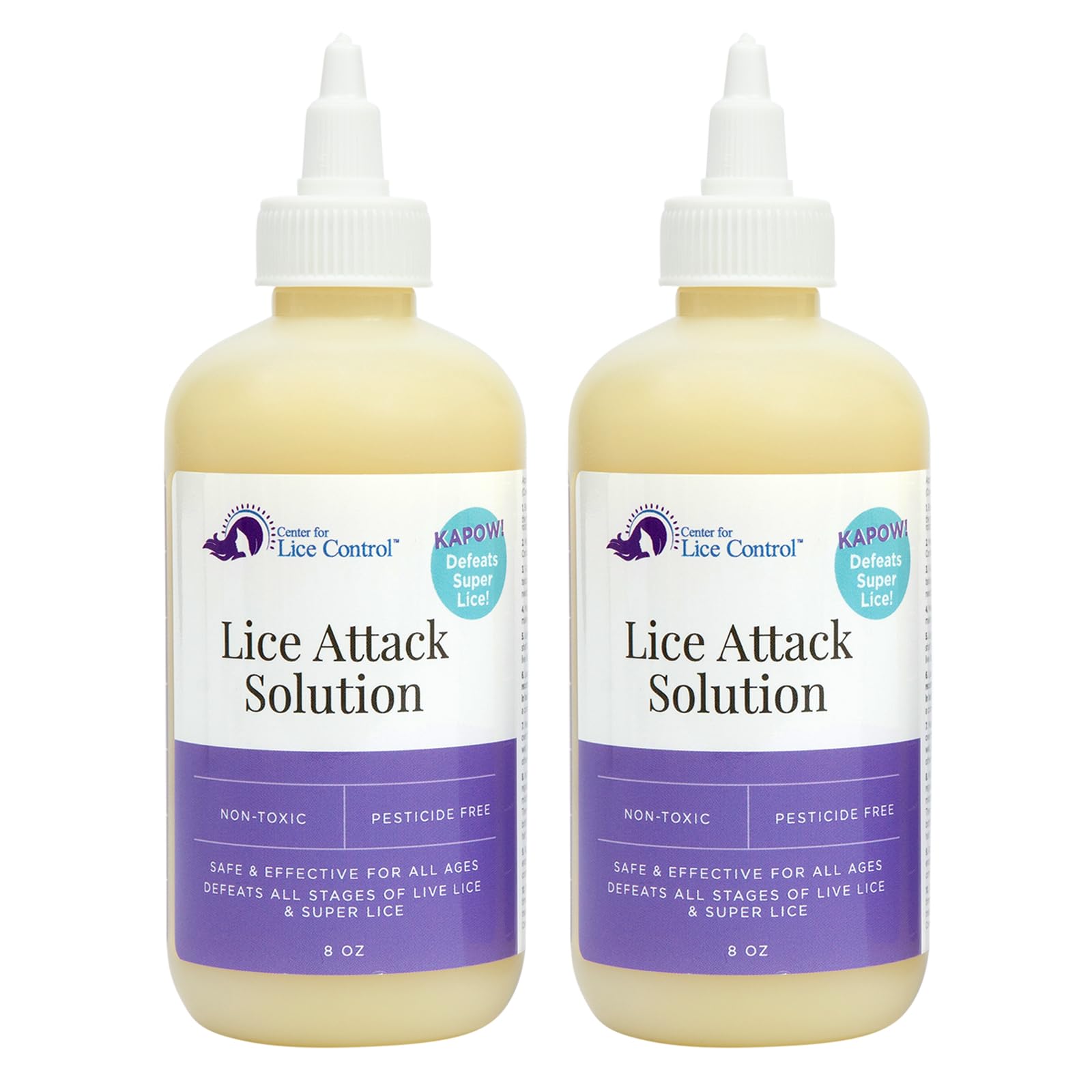 Kapow 8oz head lice shampoo bottle illustrates a gentle, family-safe treatment option.