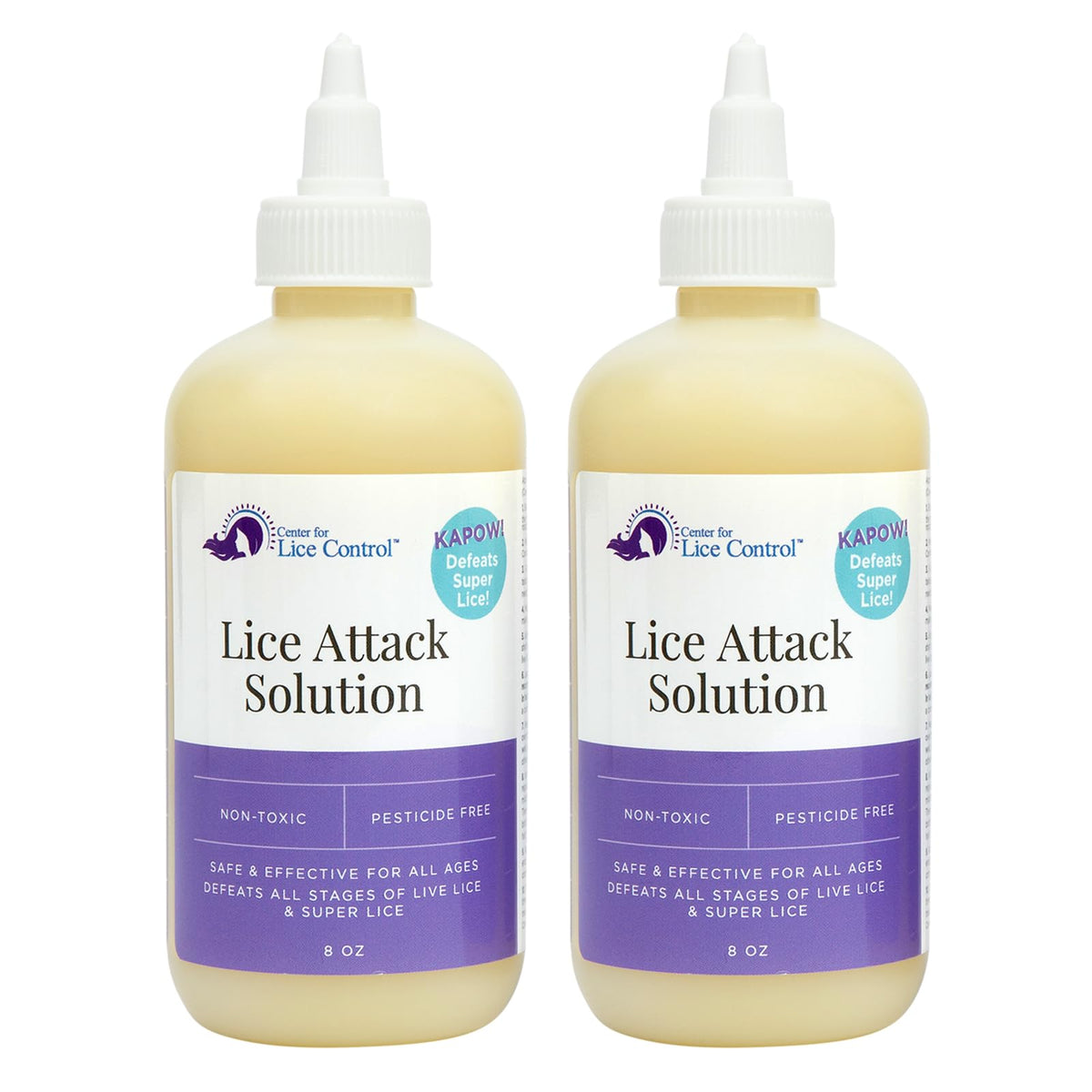 Kapow 8oz head lice shampoo bottle illustrates a gentle, family-safe treatment option.
