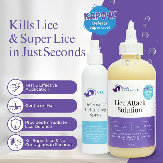 Kapow head lice treatment kit spray bottle during application for rapid relief.