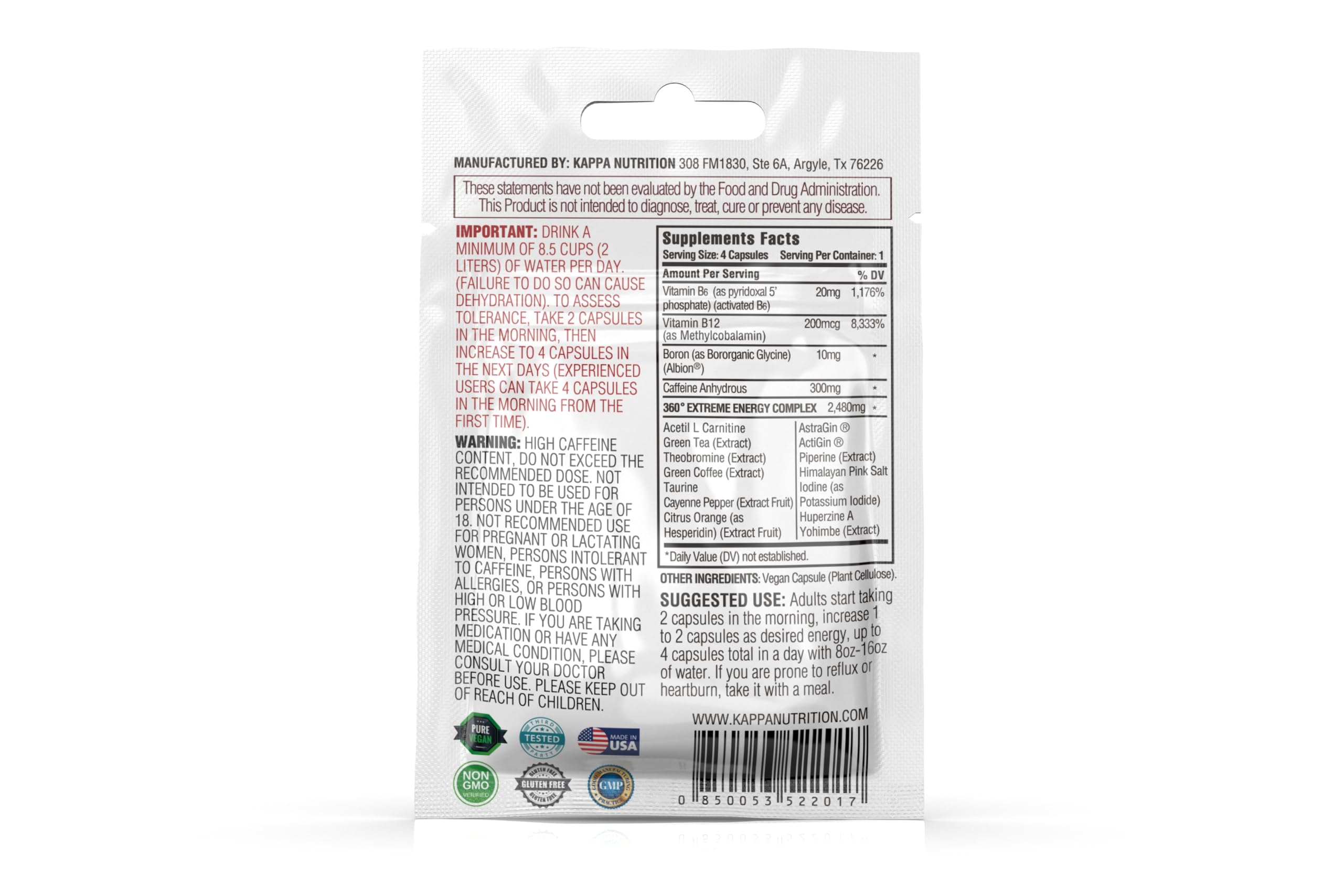 Kappa Nutrition 360 Extreme Energy sachets being poured for on-the-go energy.