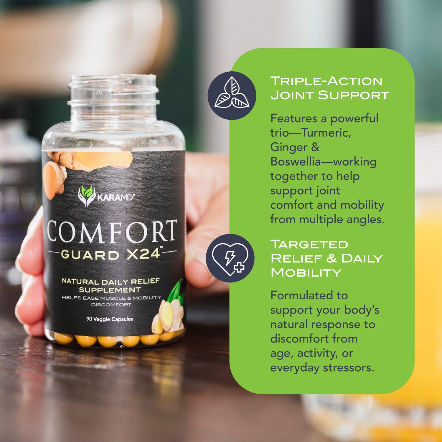 KaraMD Comfort Guard X24 bottle highlighting curcuminoids and boswellia ingredients.
