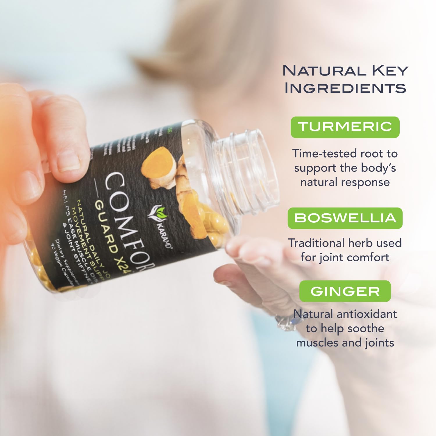 KaraMD Comfort Guard X24 label detail with non-GMO and vegan-friendly claims.