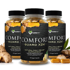 KaraMD Comfort Guard X24 turmeric bottle pour supports joint comfort