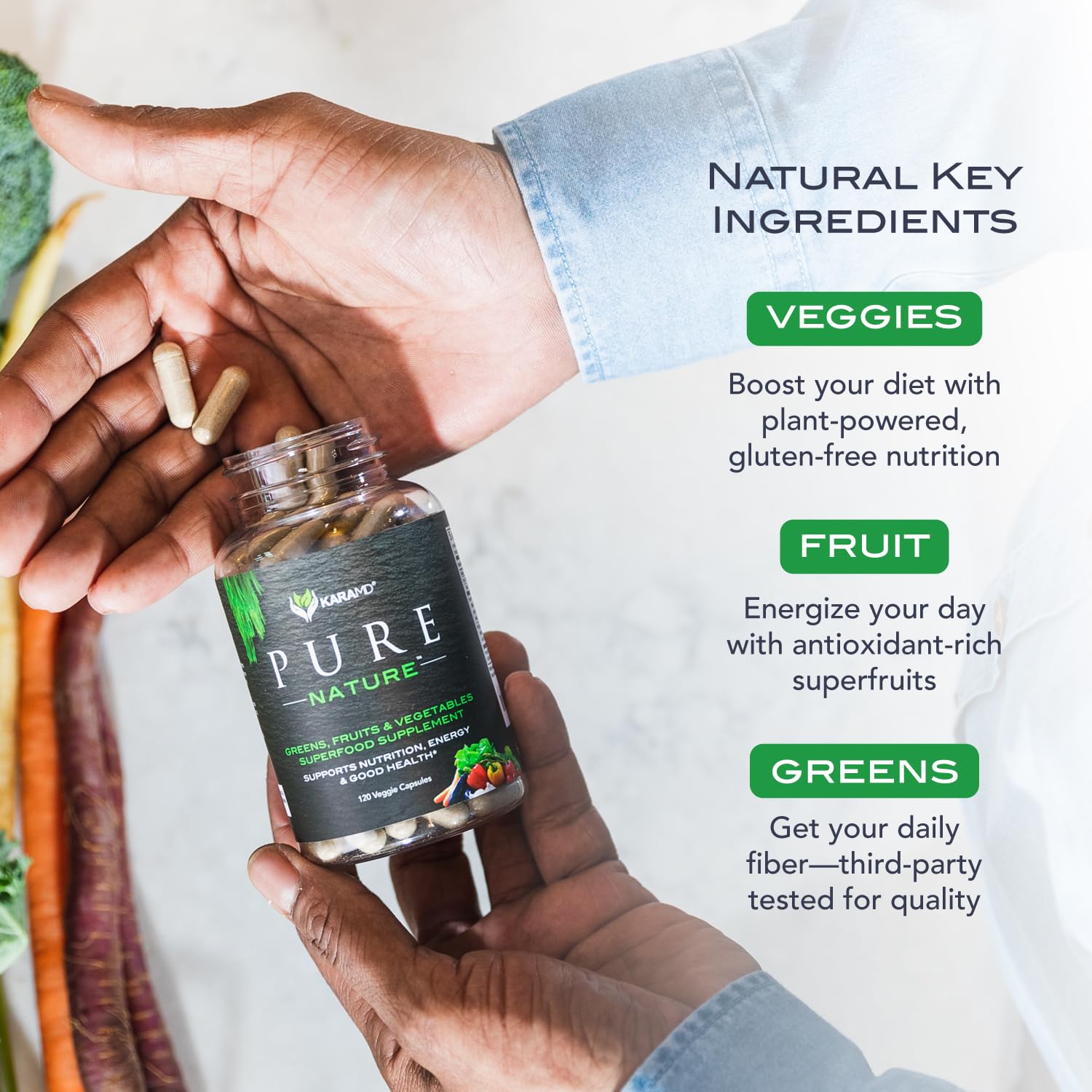 KaraMD Pure Nature antioxidant-boost bottle signals a nutrient-rich formula.