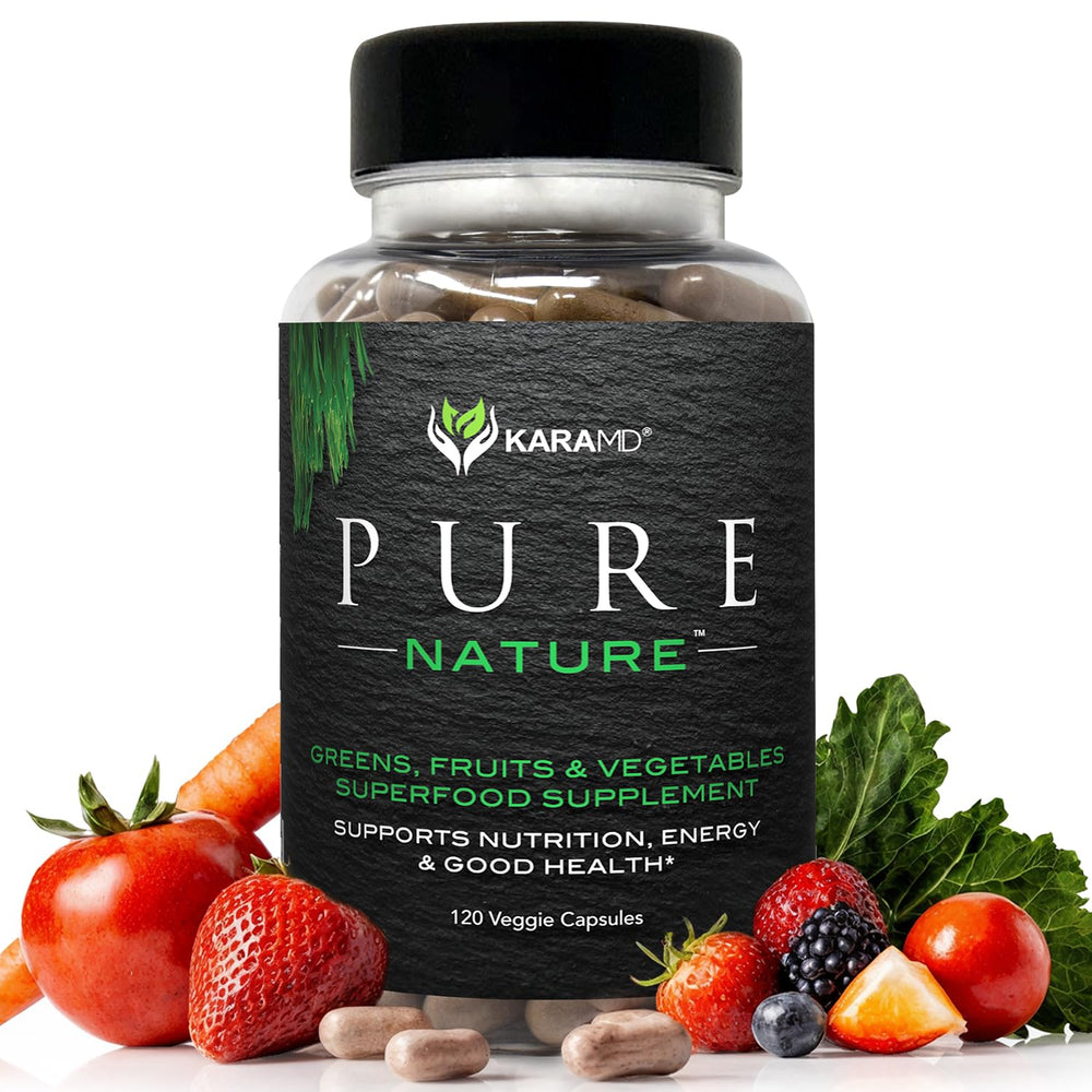 KaraMD Pure Nature bottle closed showing convenient greens, fruits, and veggies for daily energy