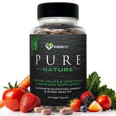 KaraMD Pure Nature bottle closed showing convenient greens, fruits, and veggies for daily energy