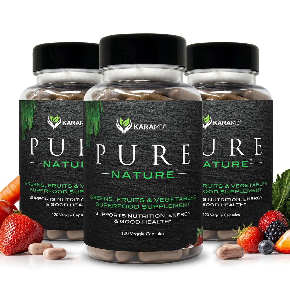 KaraMD Pure Nature bottle pouring, showcasing a convenient greens blend for daily energy.