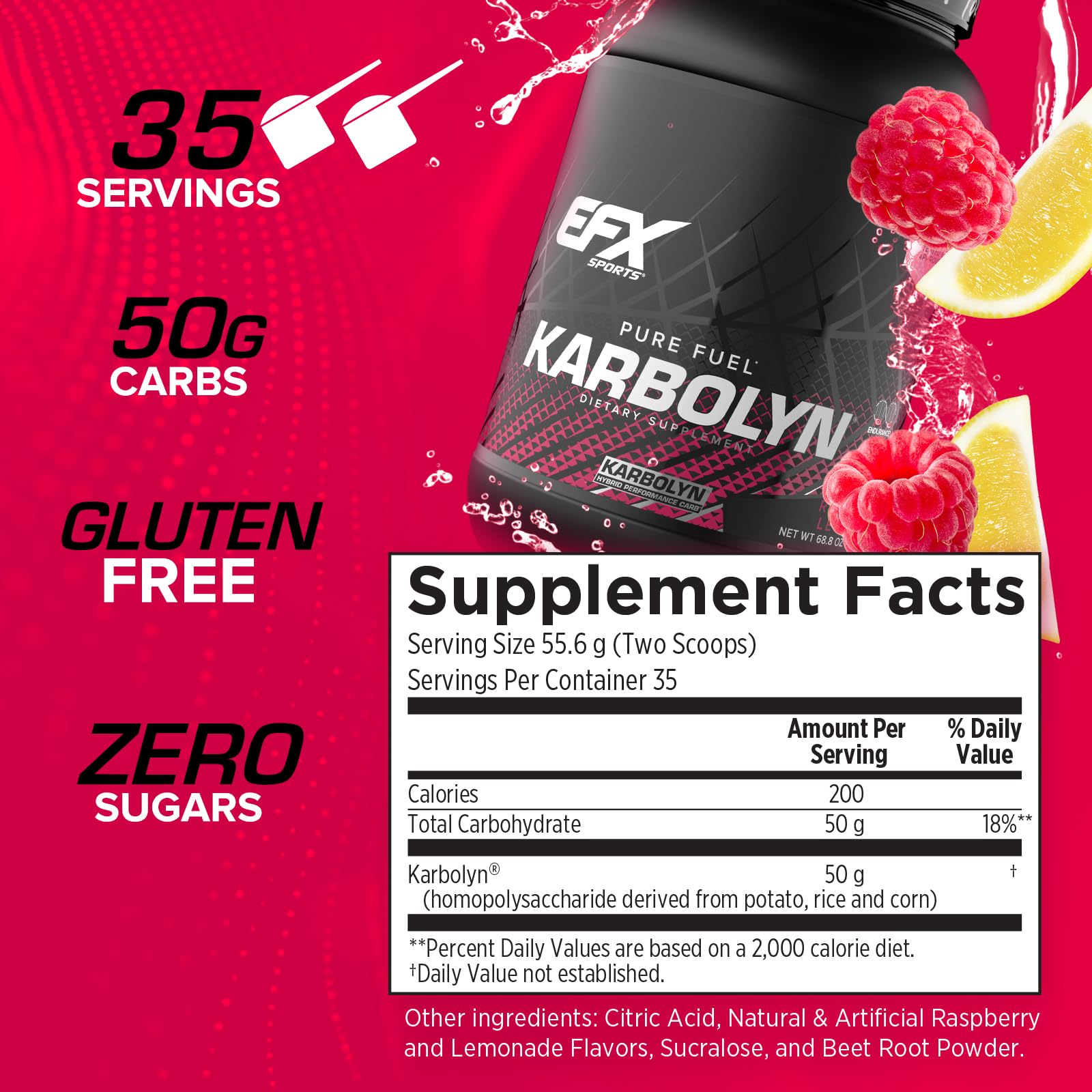 Karbolyn Fuel powder raspberry lemonade closeup suggests flavorful, easy mixing