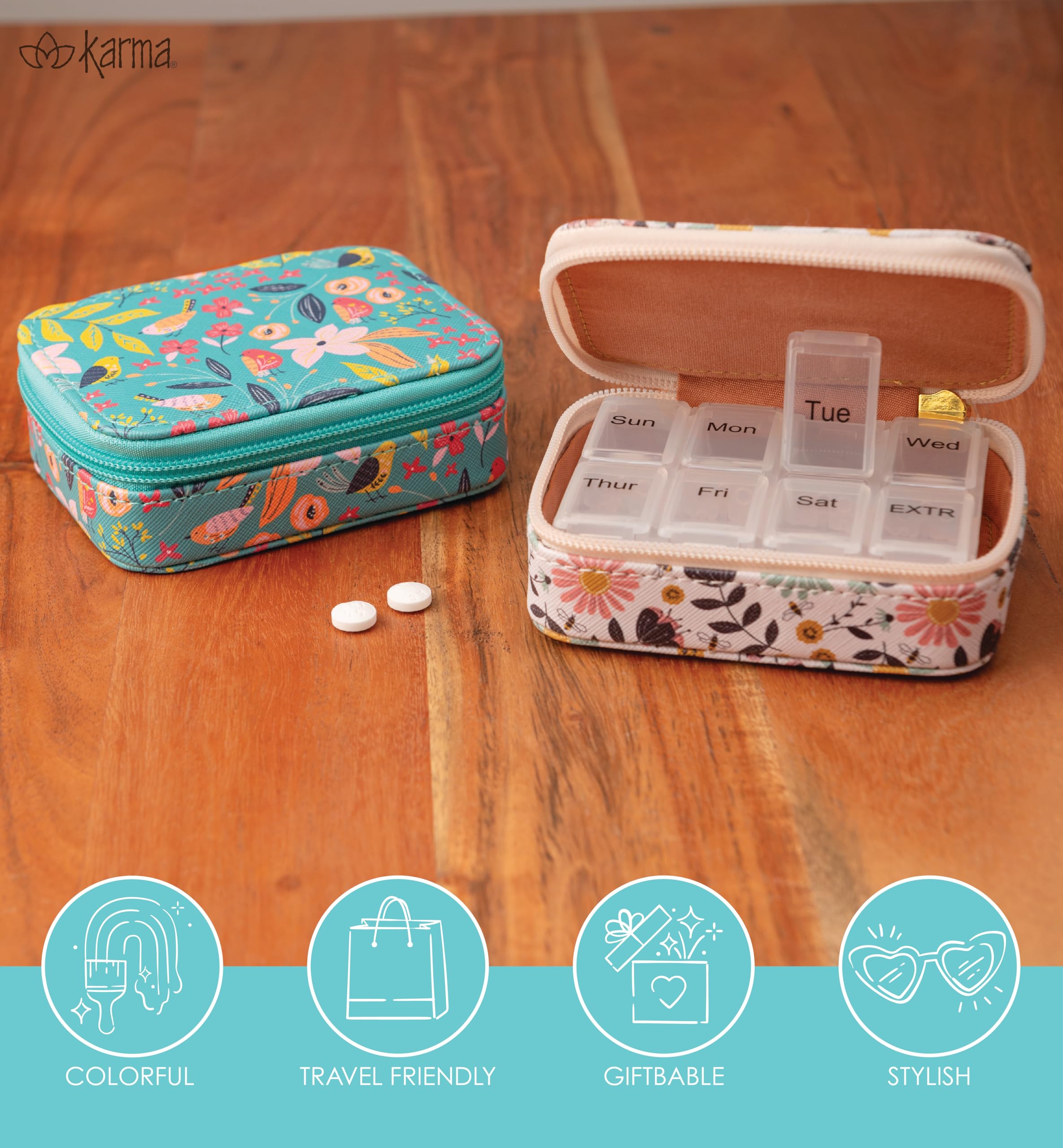 Karma travel pill case compact dimensions ideal for carry-on bags.