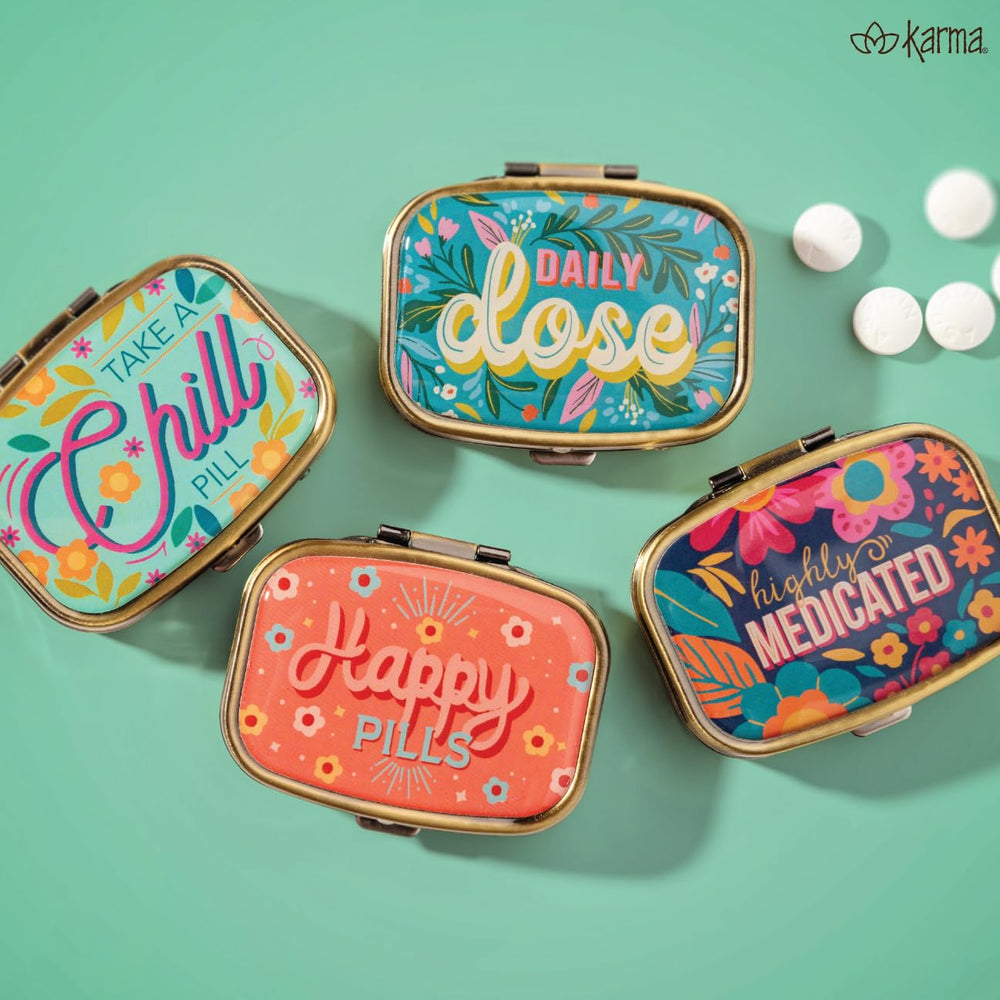 Karma travel pill case in use during travel, keeping pills organized.
