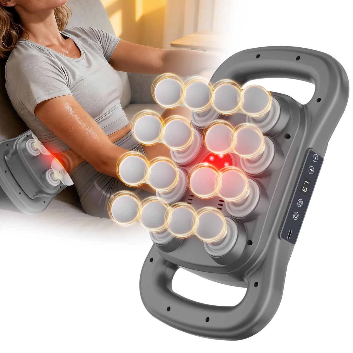 Karrong 16-head massage gun shows broad coverage for large muscle groups and knots relief