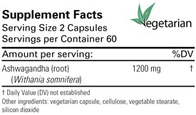 Karuna Ashwagandha root label on bottle conveying non-GMO formula.