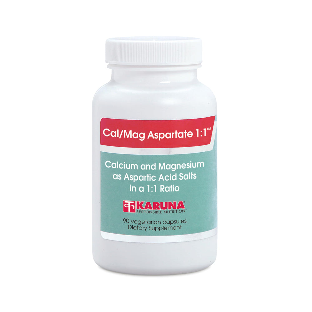Karuna Cal/Mag Aspartate 1:1 90 Caps bottle showing balanced minerals for daily support