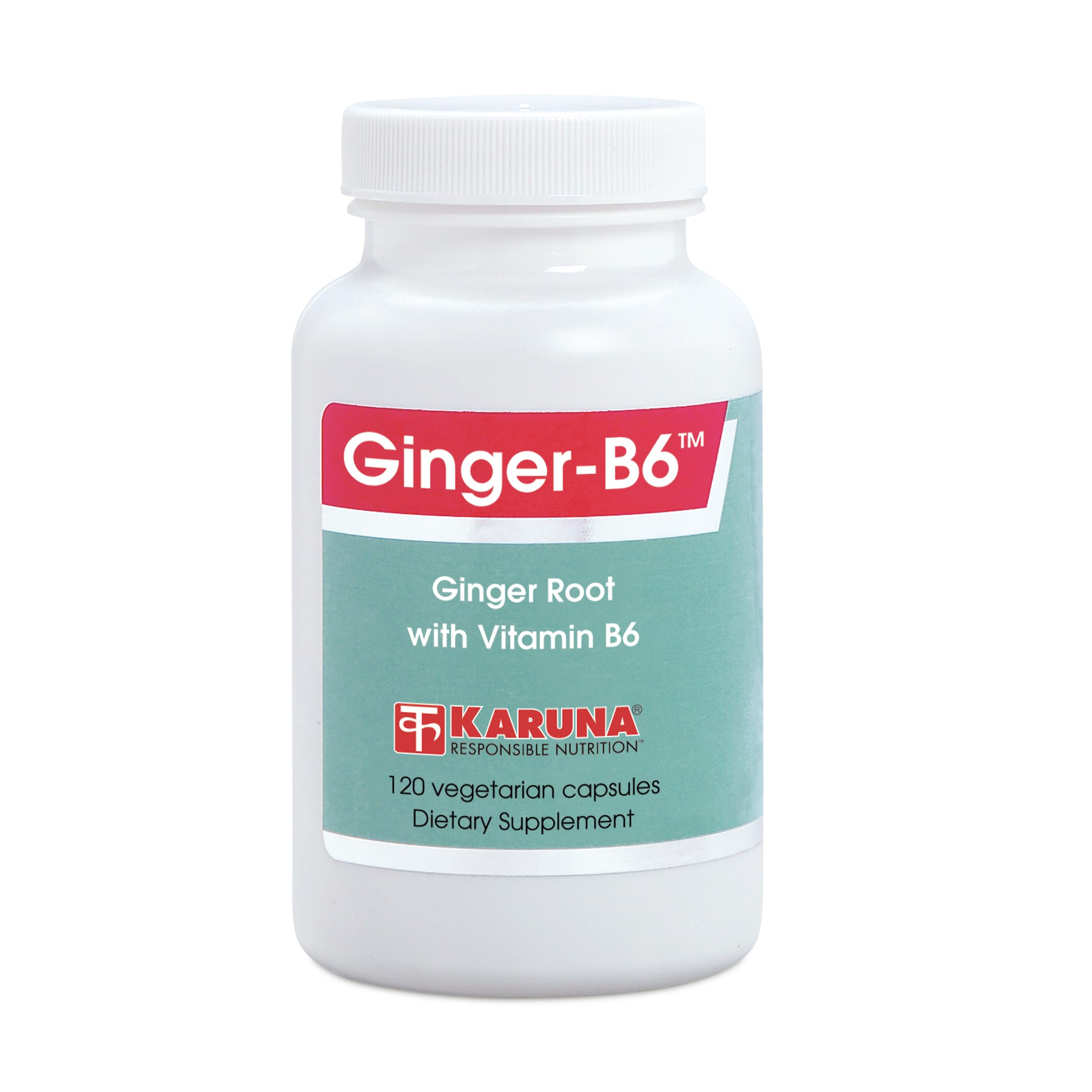 Karuna Ginger-B6 120 capsules bottle for digestive comfort during travel
