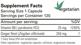 Karuna Ginger-B6 bottle with label showing vegetarian capsules for daily digestive support