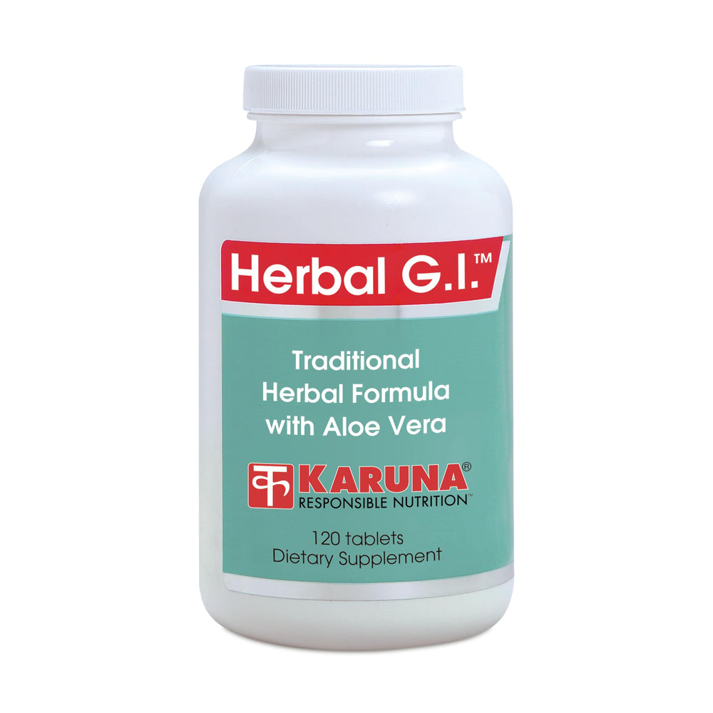 Karuna Herbal GI capsules shown, convenient daily gut support.