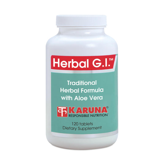 Karuna Herbal GI capsules shown, convenient daily gut support.
