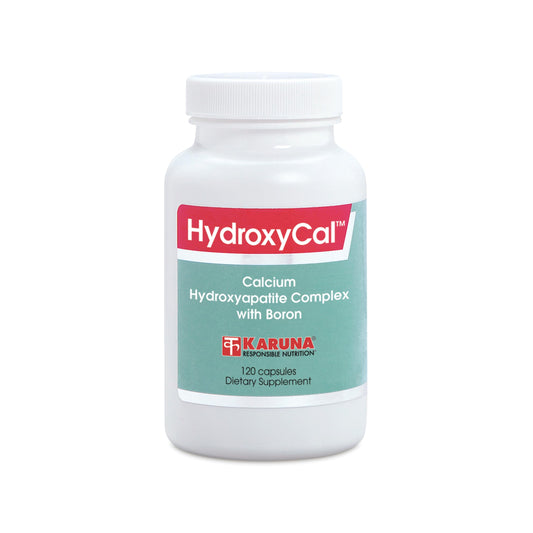 Karuna HydroxyCal bottle and capsules support bone strength in daily life.