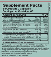 Karuna HydroxyCal label closeup shows whole-bone minerals for remineralization.