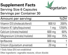 Karuna Ipriflavone Plus capsules inside bottle showing a non-hormonal bone support option