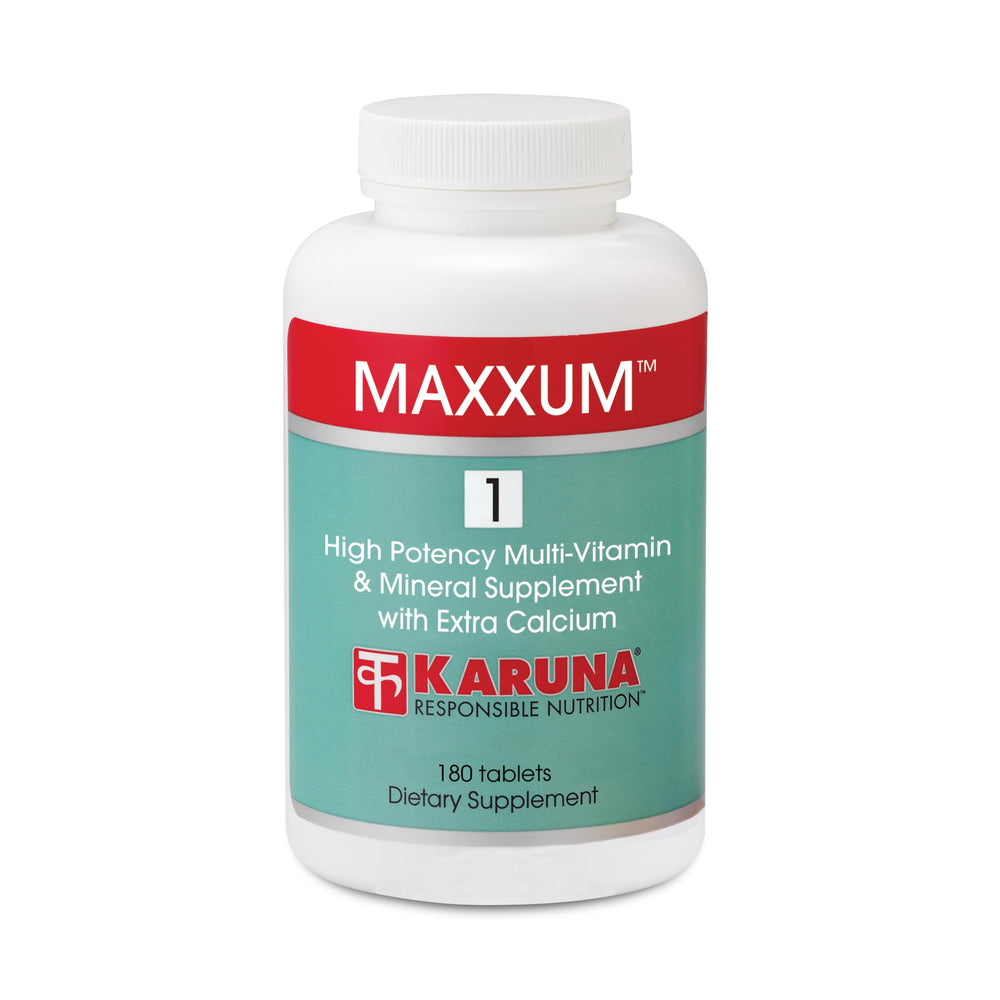 Karuna MAXXUM 1 bottle shot showing easy-to-swallow capsules for daily nutrient support
