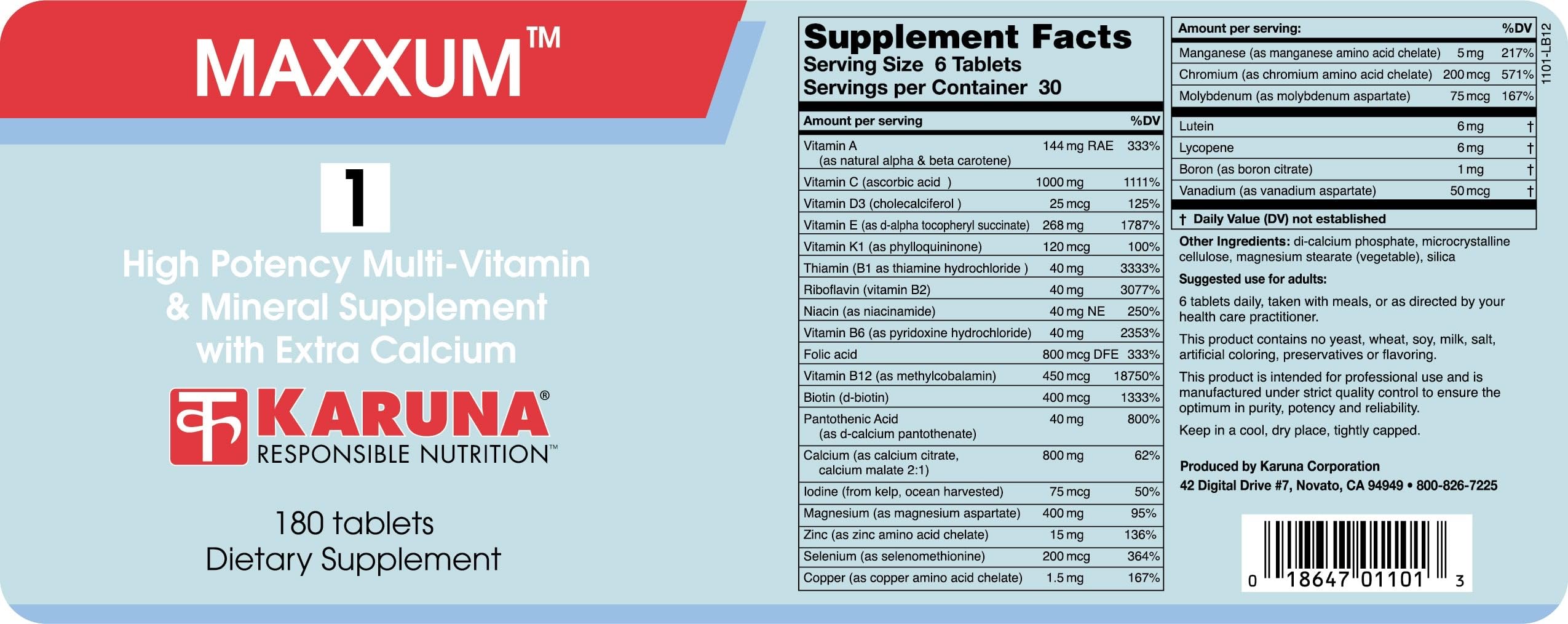 Karuna MAXXUM 1 capsules closeup highlighting high-potency, iron-free multivitamin blend for bone and eye health
